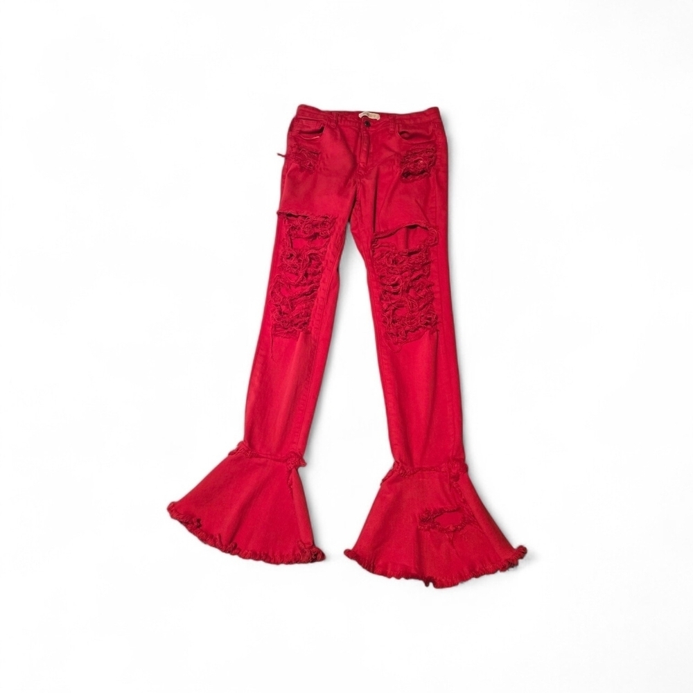 Aphrodite Red Flare Leg Distressed Jeans Juniors 13 (31) Hi Rise Mall Goth Y2K
